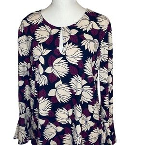 ANN Taylor Factory Floral Ruffle‎ Smocked Hem Keyhole Neck Bell Sleeve Top Small